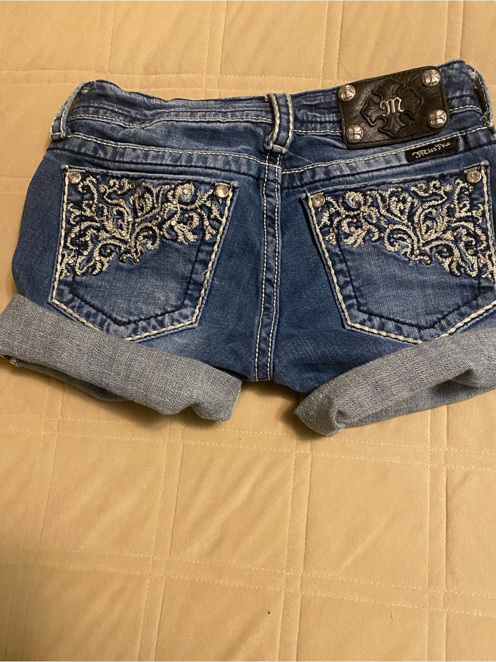 Miss Me Blue Denim Embroidered Cuffed Shorts